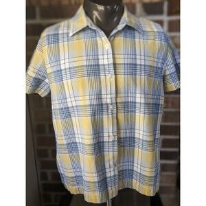 Women L 100% Cotton Boxy Plaid Shirt Butter Yellow Baby Blue Preppy Sustainable